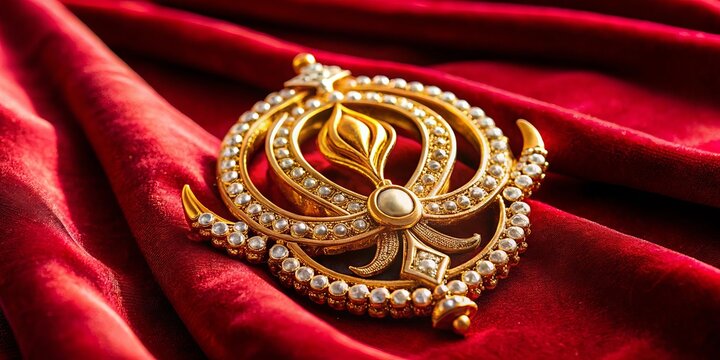 Golden gleaming Sikh religious symbol adorned with intricate engravings and shimmering stones, placed on a ornate red