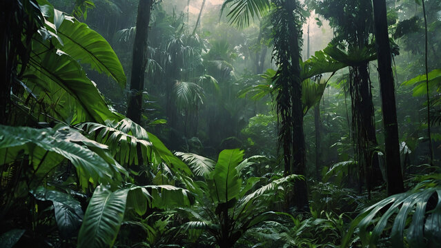 Closeup ferns with giant trees in dark tropical rain forest. Green nature background. 
