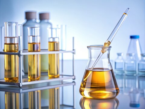 Golden liquid dihydroxyacetone solution poured into a small glass vial on a white background, surrounded by droppers