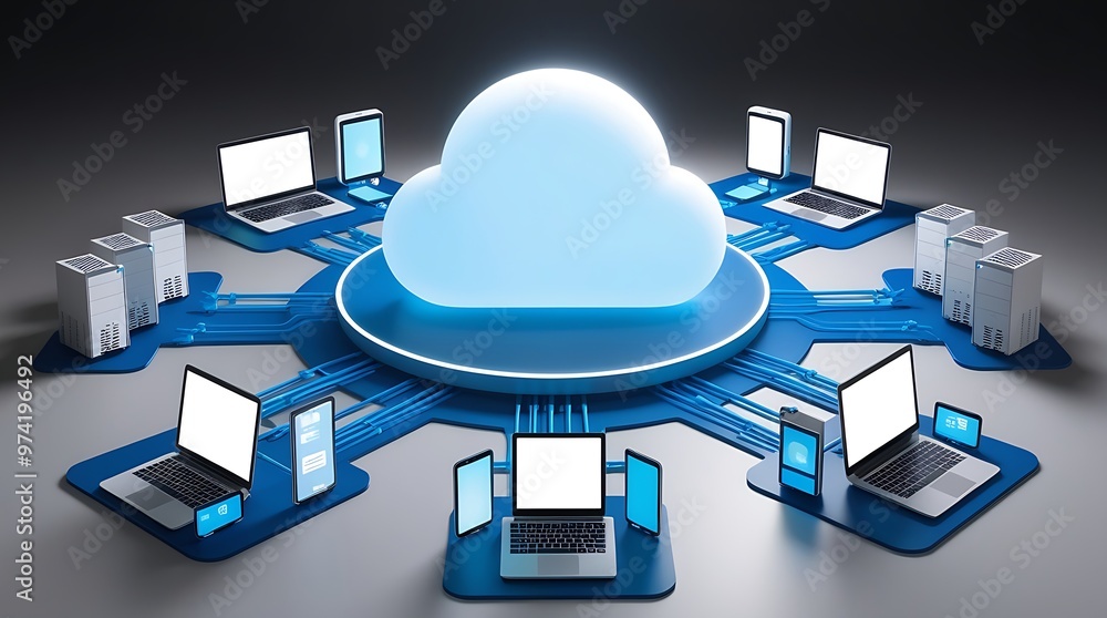 Poster circular digital illustration showing a cloud icon with connected devices like laptops and servers i