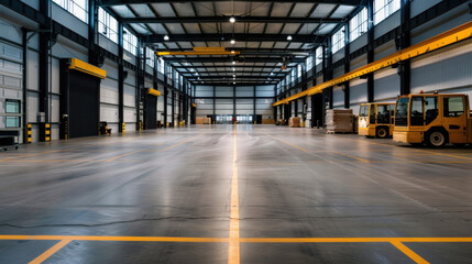 Spacious empty industrial warehouse with yellow machinery and equipment, featuring high ceilings and a clean floor.