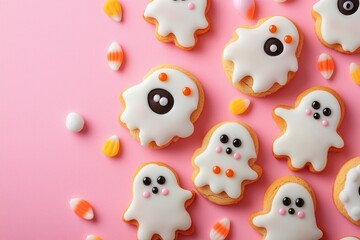Fototapeta premium autumn, Halloween backdrop with decoration and cookies In form of ghosts on pink background. festive card, flyer, invitation concept.copy space