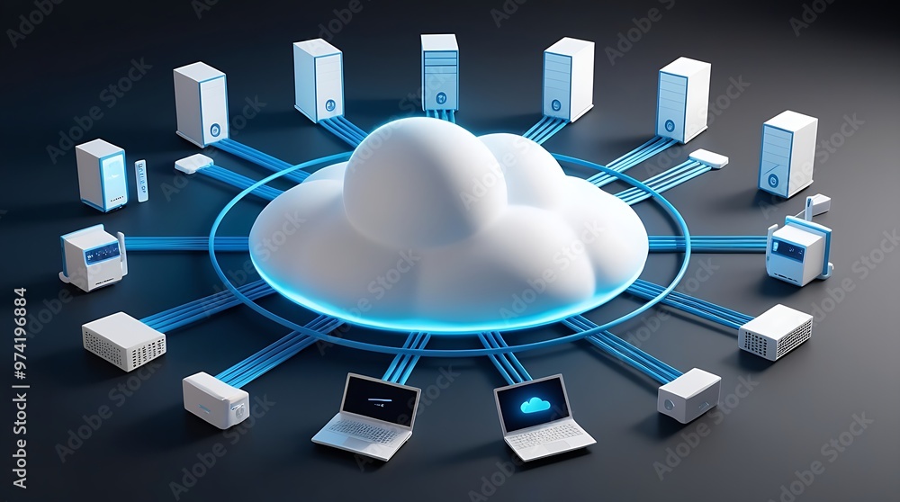 Poster circular digital illustration showing a cloud icon with connected devices like laptops and servers i