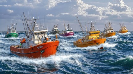 Fototapeta premium A fleet of fishing boats navigate through choppy seas under a cloudy sky.