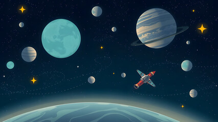 Colorful rocket ship exploring a vibrant solar system with various planets