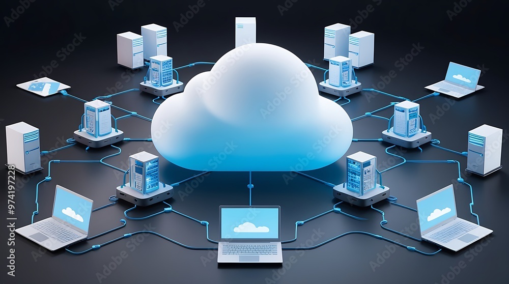 Poster digital illustration with a central white cloud icon surrounded by laptops, servers, and a printer, 