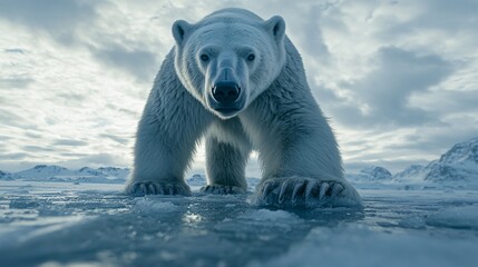 Polar bear standing on the edge of a frozen lake, large paws breaking the ice, calm and powerful...