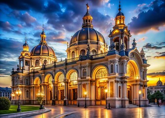 Obraz premium Grandiose 19th-century building with ornate façade, sweeping arches, and majestic domes, magnificently illuminated at
