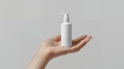 Elegant Woman’s Hand Holding Cosmetic Bottle Mockup for Beauty Branding, Skincare Product Design, and Professional Presentation of High-Quality Cosmetic Packaging in Stylish Setting