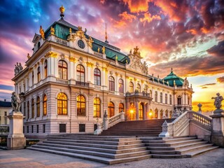 Fototapeta premium Grandiose Baroque palace with ornate architecture, majestic staircase, and opulent chandeliers, set against a vibrant