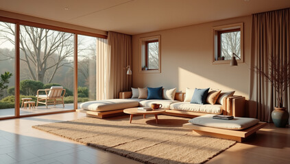 Fototapeta premium Modern living room with floor-to-ceiling windows, wooden accents, and minimalist design, overlooking a garden