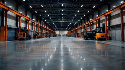 A spacious, modern industrial warehouse with polished floors, high ceilings, and organized equipment, ready for operations and storage.