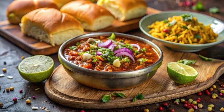Spicy misal pav or usal pav, a traditional Maharashtrian snack with chopped onion, lemon wedges, and farsan, served with selective focus and copy space