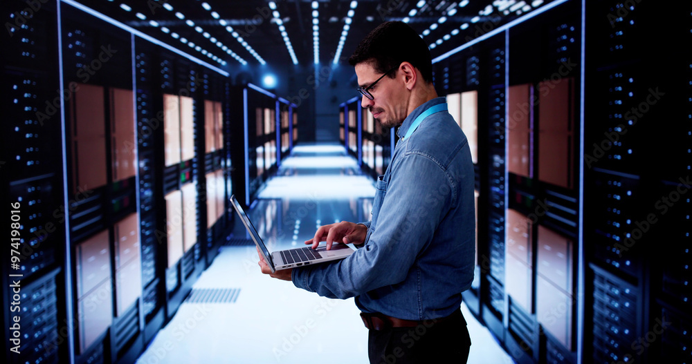 Poster happy engineer in data center server room configuring ai