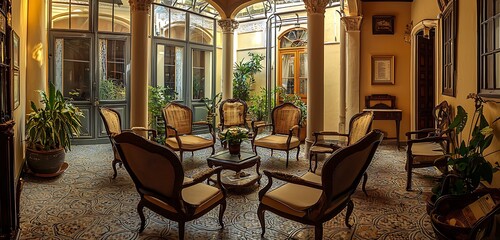 Fototapeta premium Antique furnished atrium in a historic guest house with cultural ambiance.