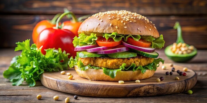 Vegetarian homemade burger with chickpea cutlet and fresh vegetables on rustic bun, healthy veg concept with copy space