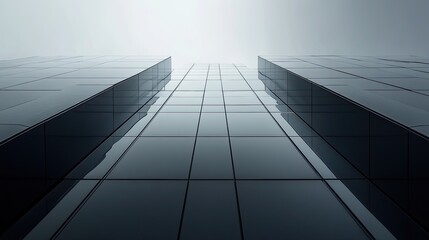 A low angle view of a modern glass skyscraper with a bright light at the top, creating a sense of ambition and success.
