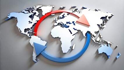 A vibrant circle forms at the intersection of blue, red, and grey arrows, with a subtle world map