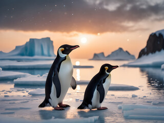 Obraz premium Penguins Adelie walking together on the snow. Beautiful Photography. Generative AI.