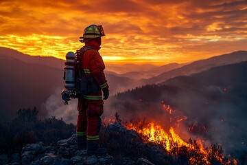 Firefighter overlooks blaze in mountainous landscape at sunset