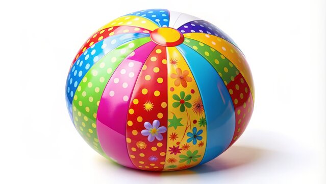A vibrant floatable beach ball beams with multicolored patterns, appealing directly forward, creating a playful and