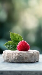 Stone podium displaying a raspberry with a rugged, natural backdrop.