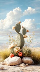 Desert podium with a cactus and a raspberry in a dry, arid landscape.