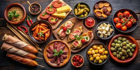 Fototapeta premium Spanish tapas selection on black background with space for text
