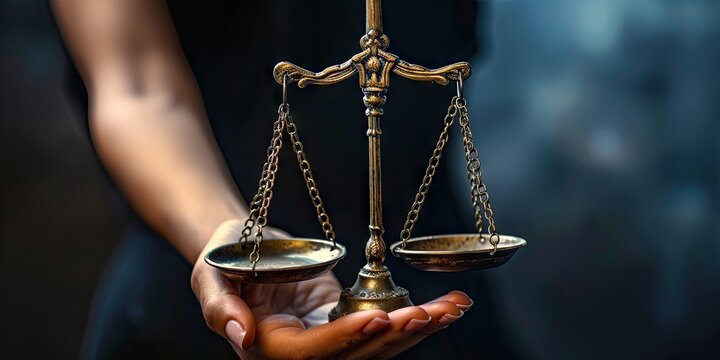 Woman's hand carefully holding a balance scale, illuminated by vibrant HDR light against a dark, mysterious background.
