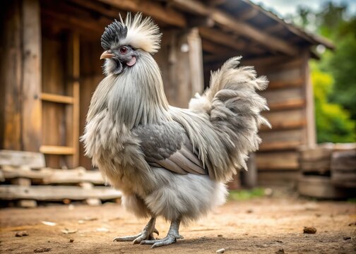 A majestic grey Silkie rooster with fluffy plumage and distinctive crest stands proudly, its iridescent feathers glistening in the soft, natural light of a rustic farm setting.