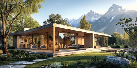 Obraz premium Modern architectural design of a cozy cottage surrounded by the breathtaking Alps, captured in a realistic style.