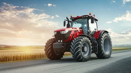 A modern red tractor drives down a paved road towards a golden wheat field at sunset.
