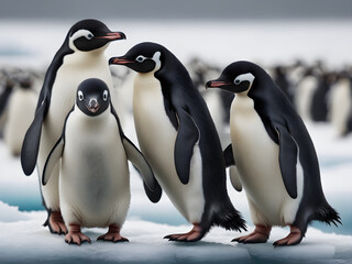 Obraz premium Penguins Adelie walking together on the snow. Beautiful Photography. Generative AI.