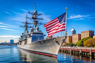 Historic Fletcher-class destroyer moored in Boston Harbor with American flags waving, showcasing its majestic hull and