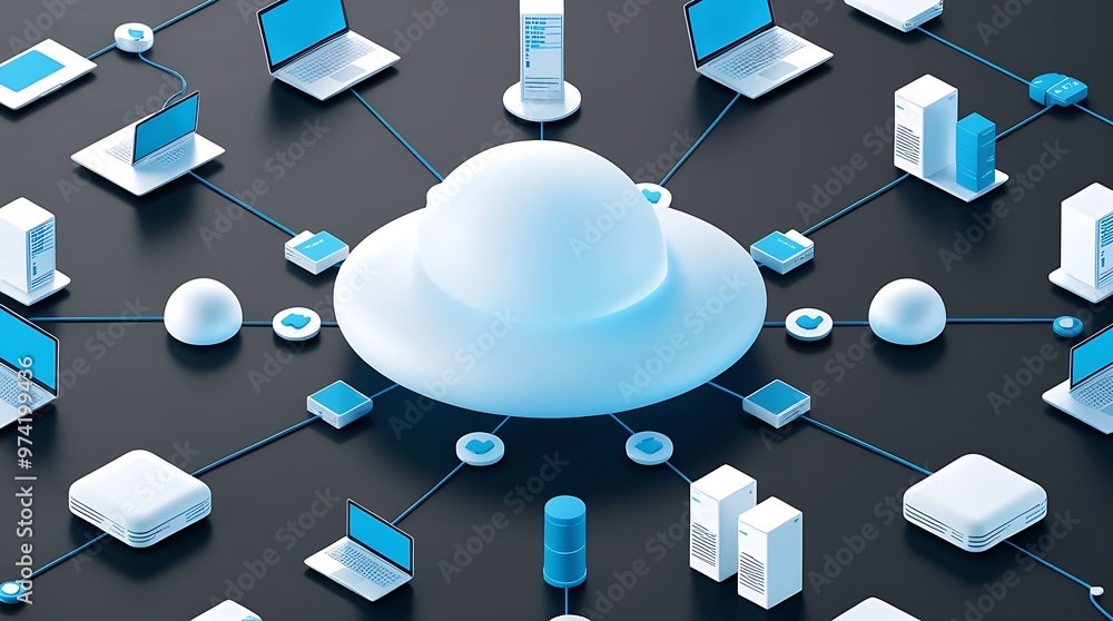 Poster cloud computing network illustration featuring a white cloud icon at the center with connected lapto