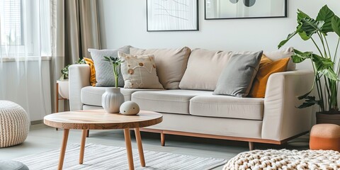 Modern living room with Scandinavian design elements, including clean lines, soft color palette, and functional furniture.