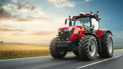 A red tractor drives down a paved road with a field of golden wheat in the background.