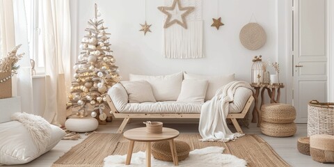 Modern Living Room with Wooden Christmas Tree and White Accents