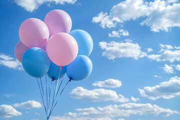 A colorful collection of balloons floating against a soft blue background, creating a festive and joyful atmosphere.