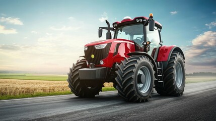 A red tractor drives on a paved road with a field of crops in the background.