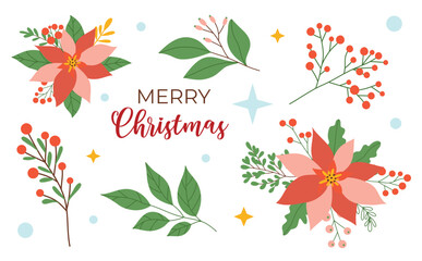 Obraz premium Christmas decoration elements set, berries, flowers, leaves, stars, isolated on white background. Vector illustration, flat style