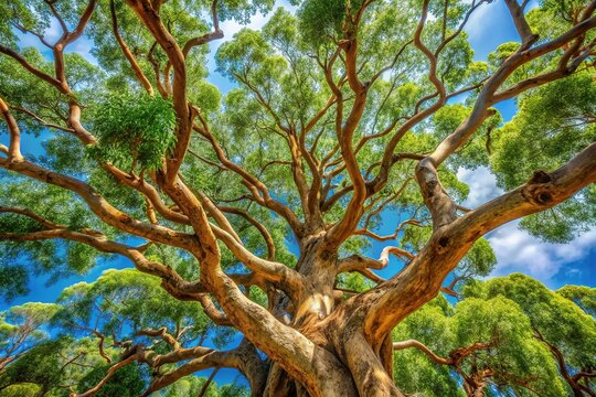 Close-Up Of Lush Green Foliage And Twisted Branches Of An Ancient Eucalyptus Tree Native To Australia