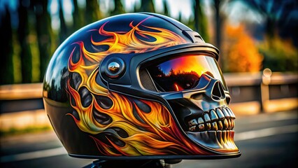 Colorful graphic decal featuring a snarling skull with flames, applied to a sleek black motorcycle helmet, with subtle reflections and subtle shading.