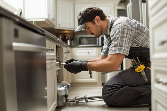 Professional plumber repairing a kitchen sink with specialized tools, ensuring functionality and reliability in a household setting. A focused moment of practical home maintenance