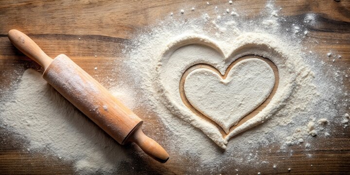 A baking background with a heart-shaped rolling pin and flour
