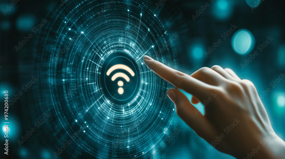 Aufkleber a hand touches a digital wi-fi symbol surrounded by vibrant glowing data patterns and connections in