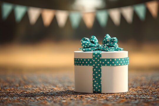 Close-up of a teal and white polka dot gift box, beautifully wrapped, with a decorative ribbon, placed outdoors with bunting in the background.