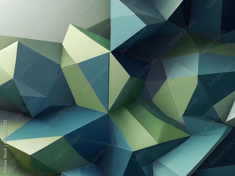 Poster a low-poly style background with geometric polygonal shapes in various shades of blue and green, cre