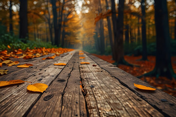 Fall Wooden Table - Autumn Season In Orange Forest