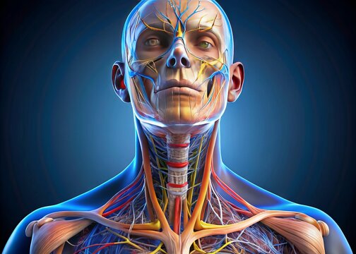Illuminated 3D illustration of human throat and neck anatomy, showcasing intricate structures of larynx, pharynx,